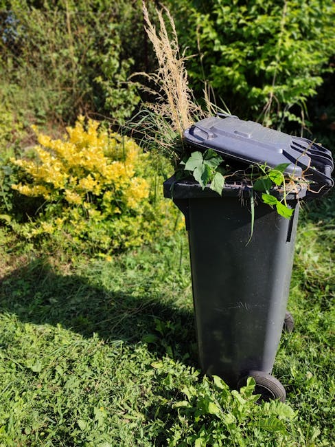 A black wheeled rubbish bin positioned on a grassy area outdoors, with the lid closed and some green leaves and dried grass protruding from the top. In the background, there are dense bushes and trees with bright green foliage, indicating a garden or outdoor space. The bin appears to be made of plastic with a slightly textured surface and is situated on uneven ground, surrounded by various types of grass and small plants. The scene is illuminated by natural daylight, highlighting the contrast between the dark bin and the vibrant greenery, reflecting typical conditions for private waste disposal or alternative rubbish collection outside of municipal services. Waste Disposal Hounslow’s presence in this context suggests a focus on non-standard rubbish removal practices, such as private waste handling or on-site clearance services, suitable for garden waste and general refuse that may include organic material and garden debris.